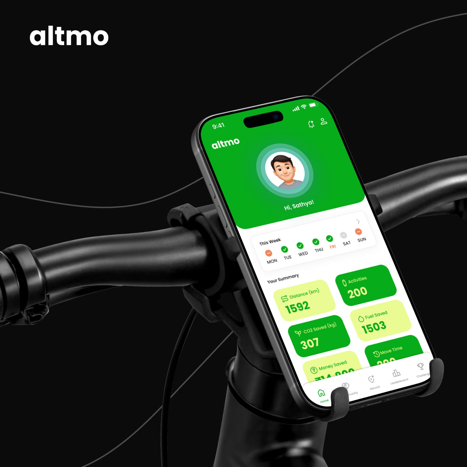 Altmo app showing activity tracking on bicycle handlebars - distance 1592km, 200 activities, 307kg CO2 saved